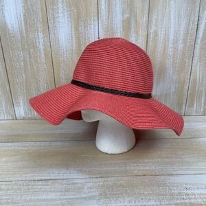 Sunlily Womens Roll N Go Floppy Sun Hat Coral w/faux Leather Braid Beach READ